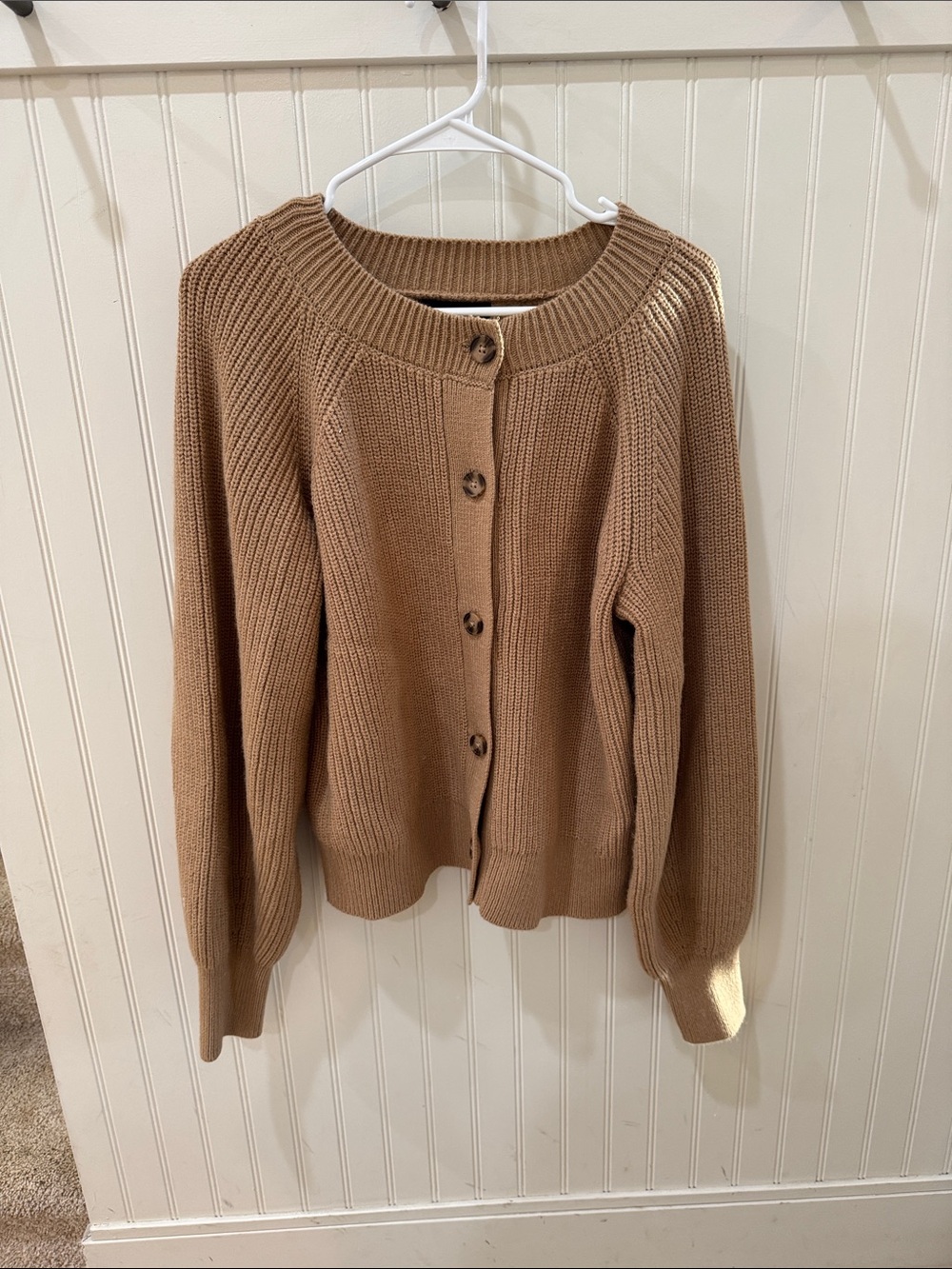 Womens Camel Knit Button-Front Sweater Cardigan large tan puff sleeve